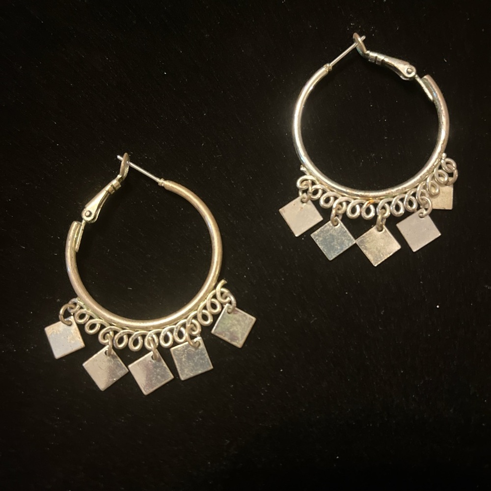 Silver Tone Square Hoops With Dangling Square Cha… - image 8